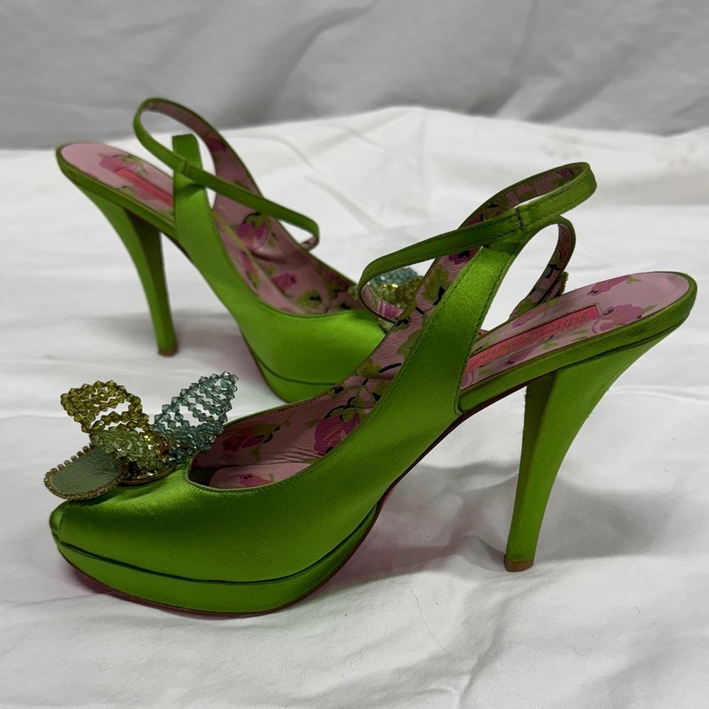 Vintage Y2K Betsey Johnson Elegant Green Satin Heels - Picture 3 of 10